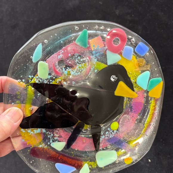 Crow“ Fused Art Glass Round Clear Design Original Handmade 7” Plate - Picture 9 of 10